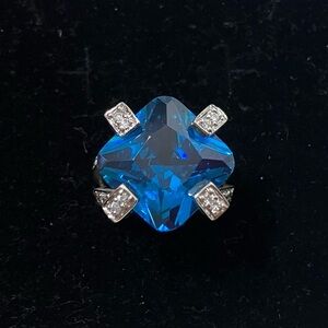 Large Blue Crystal Cocktail Ring Silver Tone